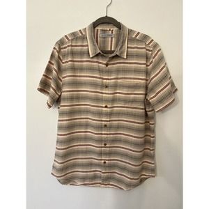 Outerknown S.E.A. Short Sleeve Shirt Large Sunset Solstice Stripe Cotton Poplin